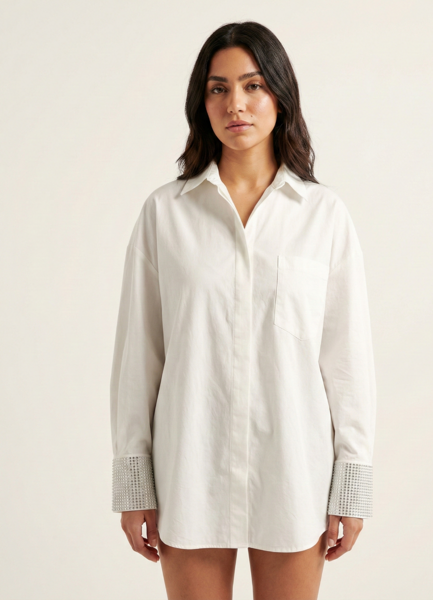 Manşet detay poplin gömlek  Ekru renk resmi